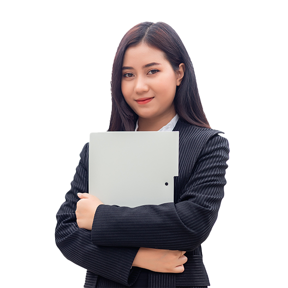 Portrait of young business woman in business attire standing and holding a resume document on white background.