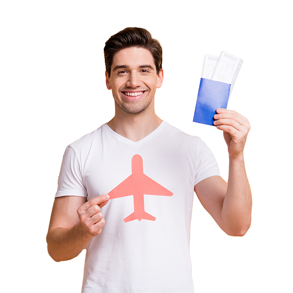An attractive young man wearing a white T-shirt holds a blue passport with air tickets in one hand and holds a pastel pink paper plane in the other, against a light gray background. Dreaming of going abroad.