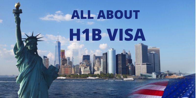 Statue of Liberty. New York, panorama of Manhattan with the One World Trade Center (Freedom Tower) and Hudson River, USA. The Text - All about H1B Visa written over the banner.