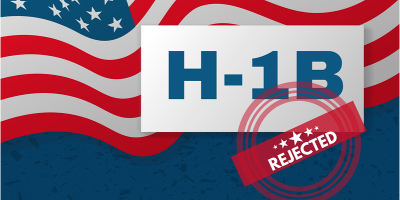Vector illustration of H-1b Visa USA banner depicting visa rejection status. Background with American flag and text "H1-B - Rejected ".