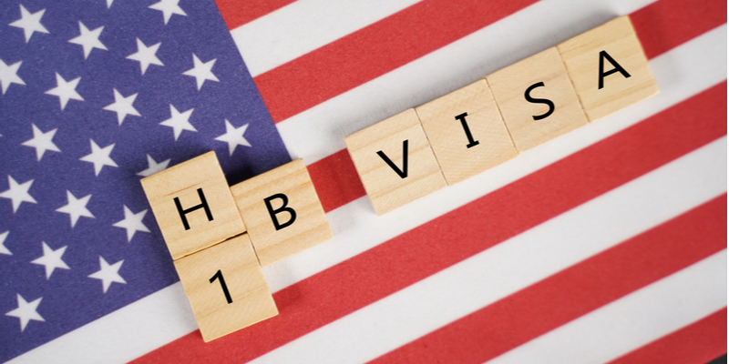 small woodden blocks with alphabets arranged as H1B Visa on USA flag background