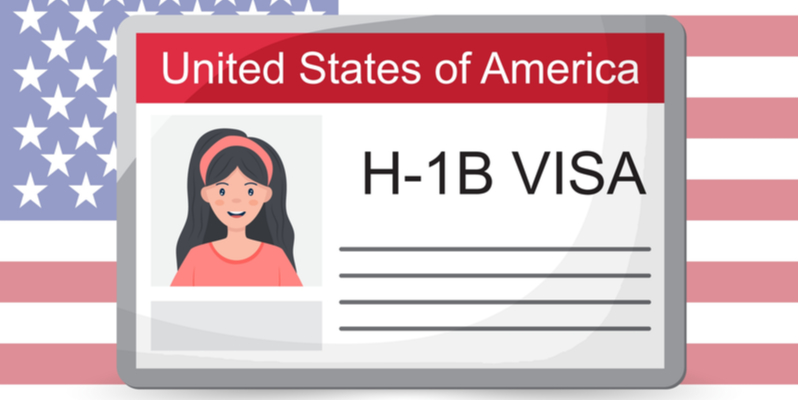 A vector illustration of an H1B visa ID of a young woman on an American flag background.