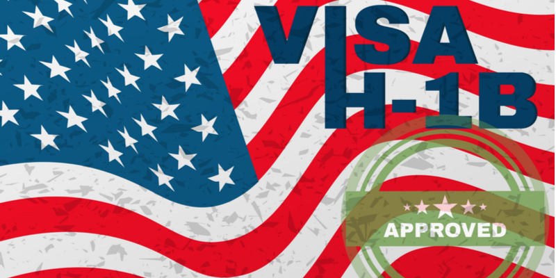 graphic displaying approved H1B USA visa on a wavy USA flag background