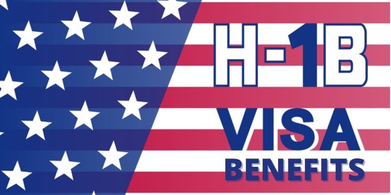 graphic displaying the word H1B visa benefits on a USA flag background