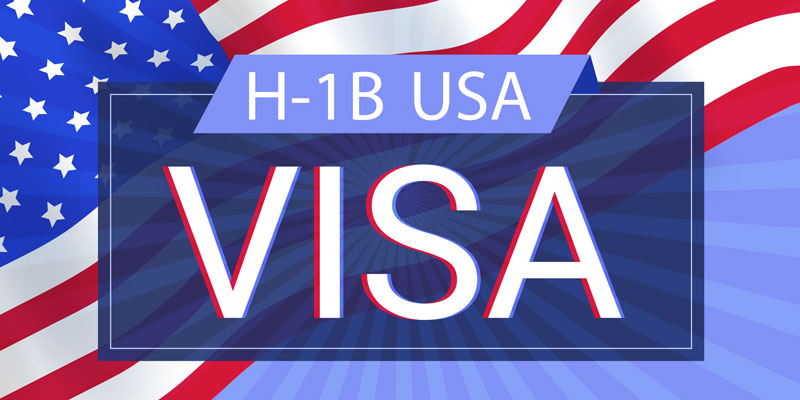 A horizontal banner with the text H1B-USA VISA in bold on top of a background of the American flag