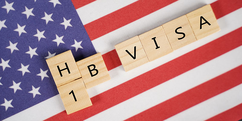 Wooden blocks engraved with the English alphabet arranged as " H1B Visa " on the background of the US flag