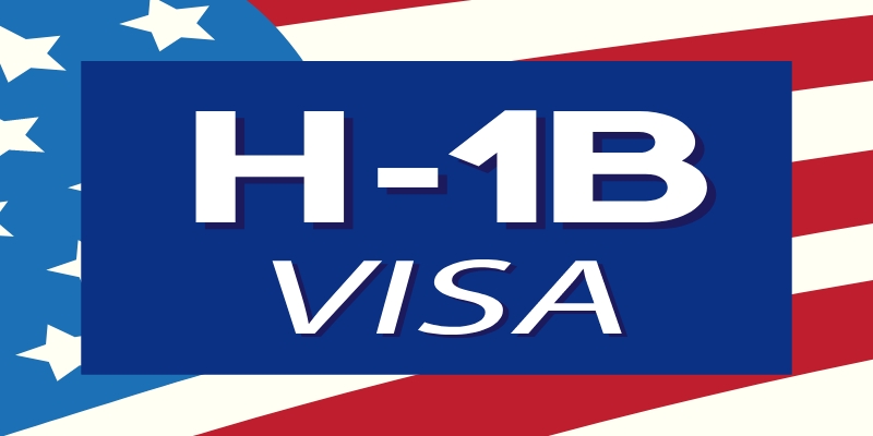 In a blue banner against an American flag background, the H1B - Visa text is shown in bold white typeface