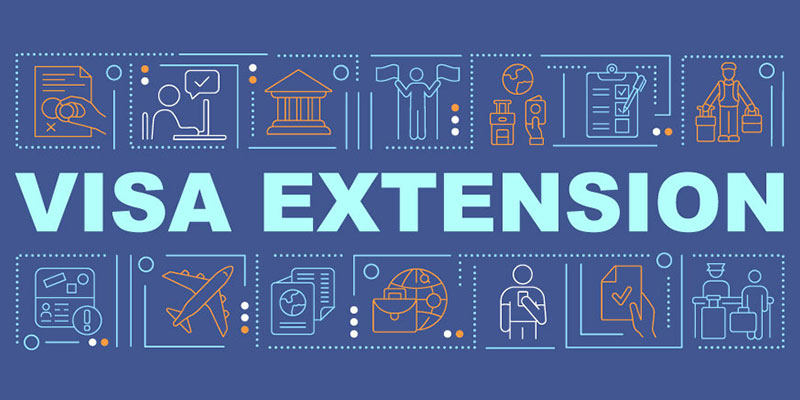 An illustration of isolated "VISA EXTENSION" typography on a turquoise background with many small linear icons.