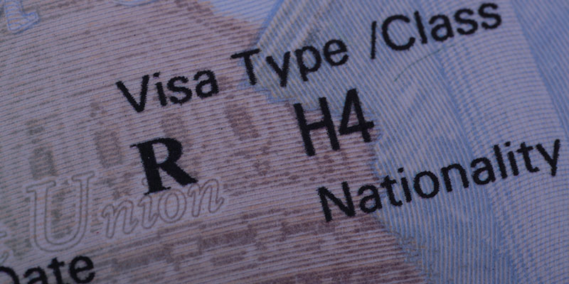 An enlarged macro of the stamp on the passport for the H4 Visa.