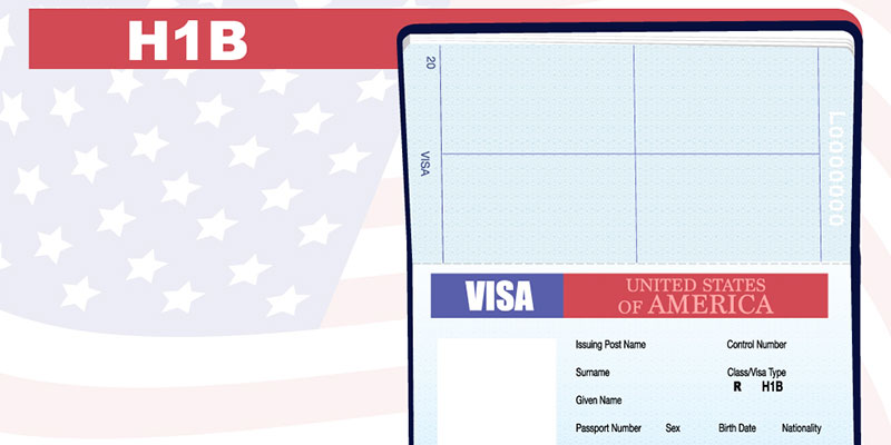 A copyspace mockup illustration of a passport with the American H1-B visa page.