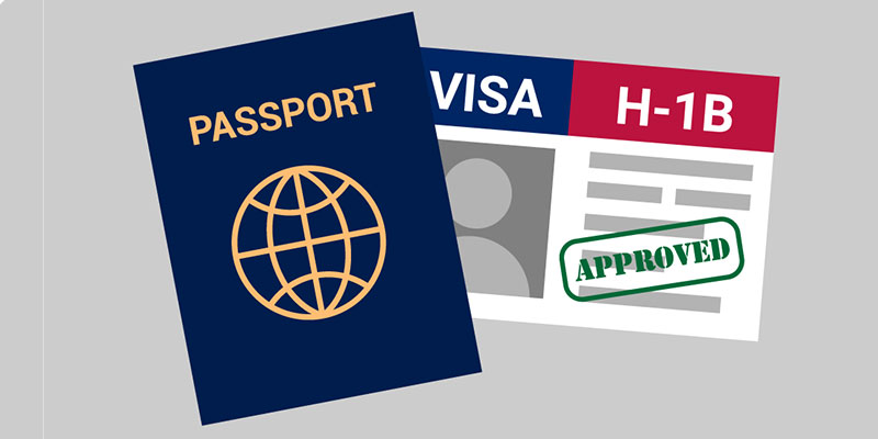 3D vector illustration of a passport and a H1-B visa document with an approved stamp