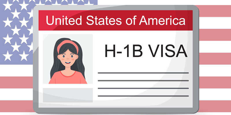 A mock-up illustration of a US H1B visa card with the American flag as a background