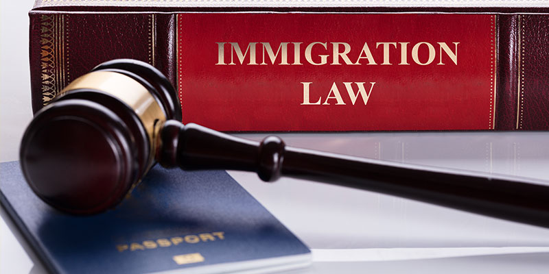 A close-up of a gavel and passport in front of a red and brown immigration law book
