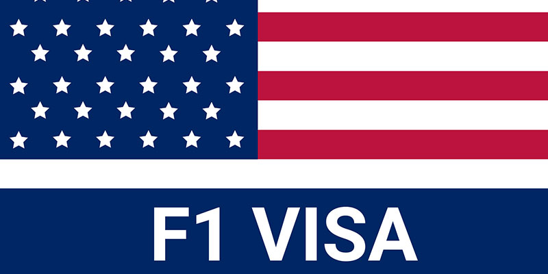 F1-Visa words placed in a blue bold font against an American flag background, in vector form